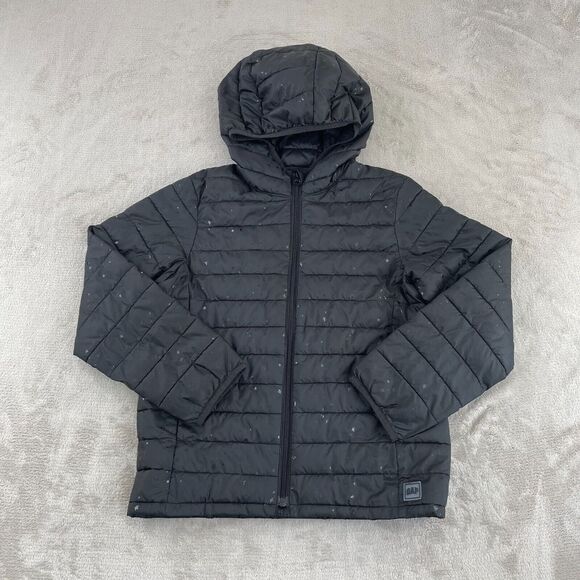 Gap Kids Cold Control Puffer Jacket Large Black Star Print Hooded Full‎ Zip Warm - Picture 1 of 12